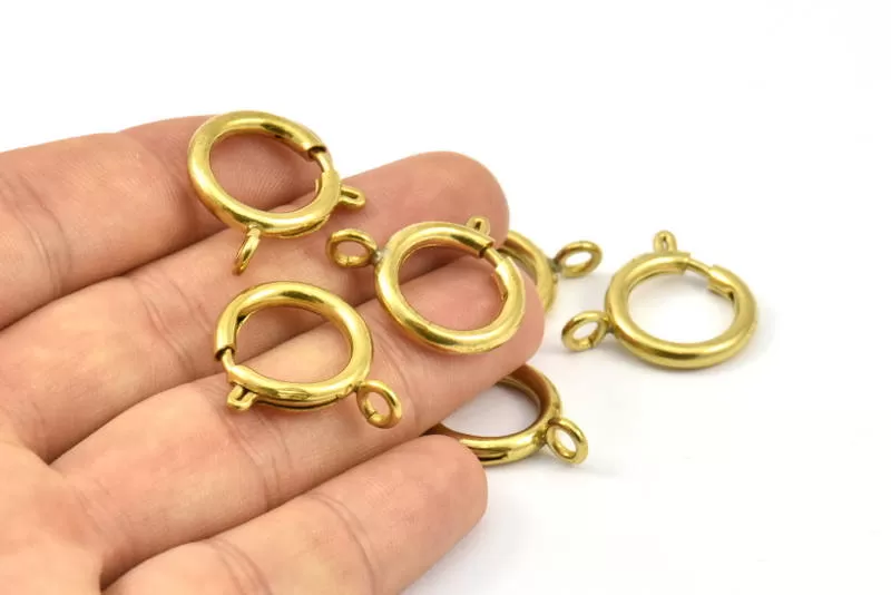 18mm Spring Ring Clasps, 12 Raw Brass Round Spring Ring Clasps with 1 Loop (18mm) BS 2356