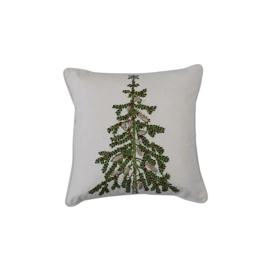 18" Square Cotton Printed Pillow w/ Christmas Tree, Embroidery & Piping, White & Green