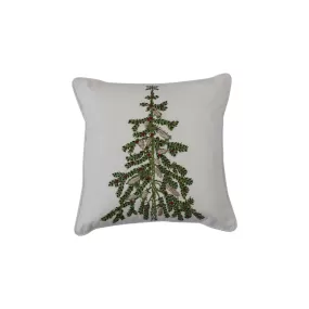 18" Square Cotton Printed Pillow w/ Christmas Tree, Embroidery & Piping, White & Green