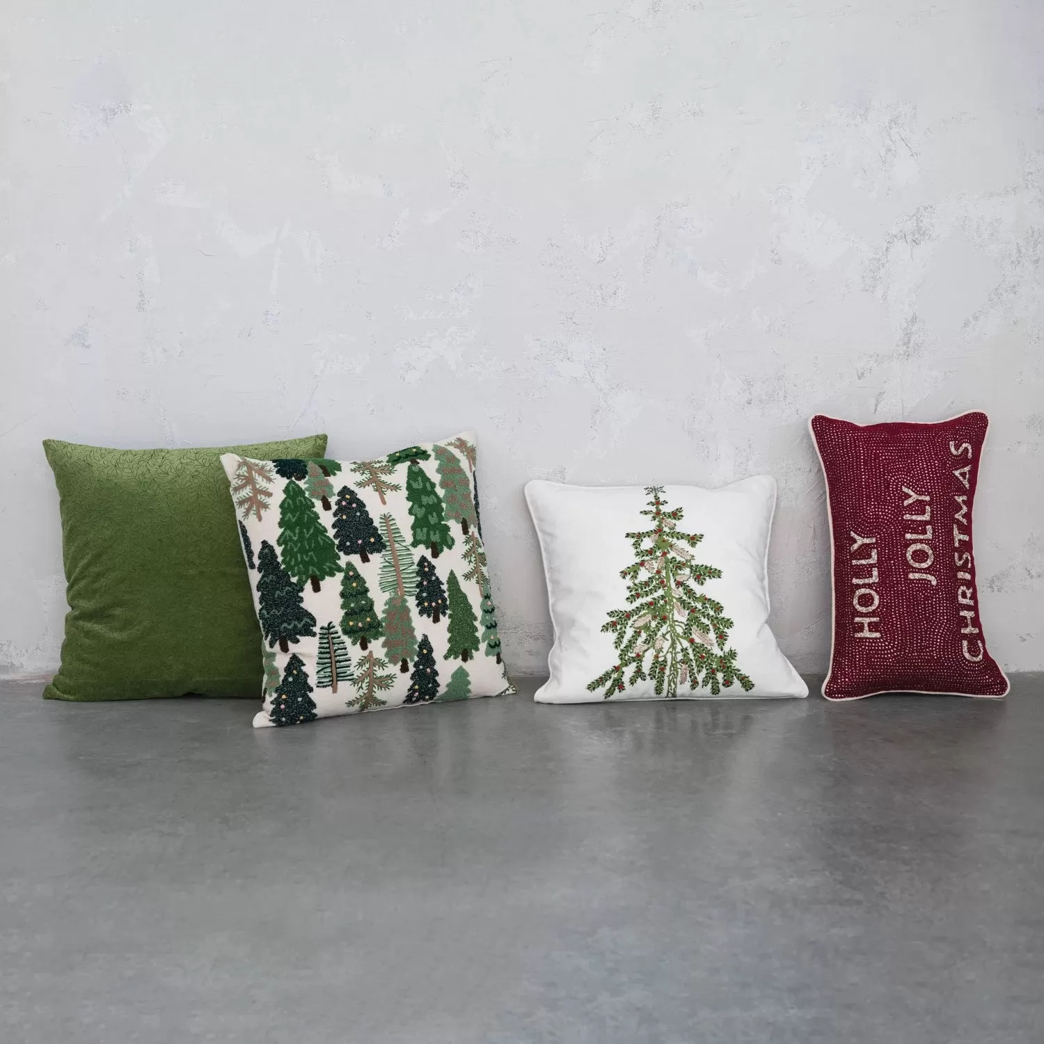 18" Square Cotton Printed Pillow w/ Christmas Tree, Embroidery & Piping, White & Green