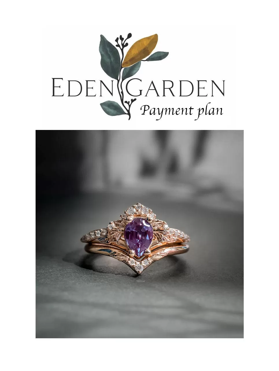 2 installments payment plan: Lab alexandrite engagement ring set, rose gold, pear cut / Amelia