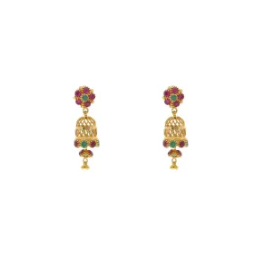 22K Yellow Gold Exotic Jhumka Drop Earrings W/ Emeralds & Rubies, 5.6 grams