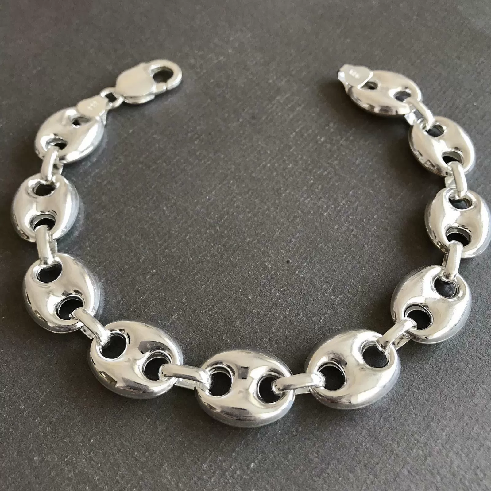 925 Sterling Silver Men's Puffed Mariner Chain Bracelet 14mm 9 inch 25 gr