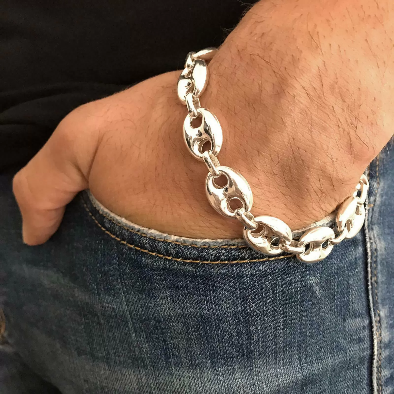 925 Sterling Silver Men's Puffed Mariner Chain Bracelet 14mm 9 inch 25 gr