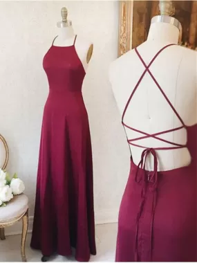 A Line Burgundy Satin Criss-Cross Straps Sleeveless Prom Dresses, Simple Burgundy Long Evening Dress