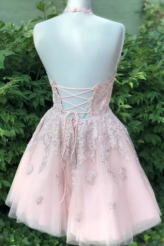 A Line Halter Neck Pink Lace Short Prom Dresses, Halter Neck Short Pink Lace Graduation Homecoming Dresses