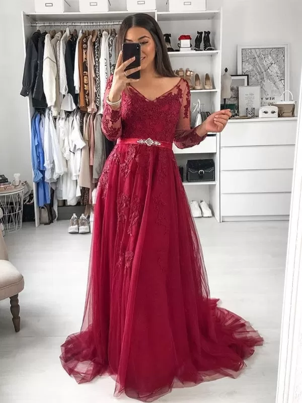 A Line Long Sleeves Lace Burgundy Long Prom, Long Sleeves Burgundy Lace Formal, Burgundy Lace Evening