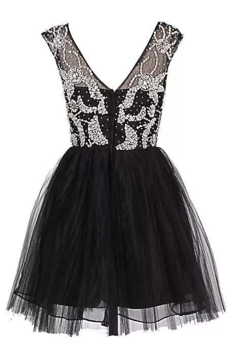 A Line Round Neck Short Black Prom Dress, Short Black Homecoming Dress, Lace Graduation Dress