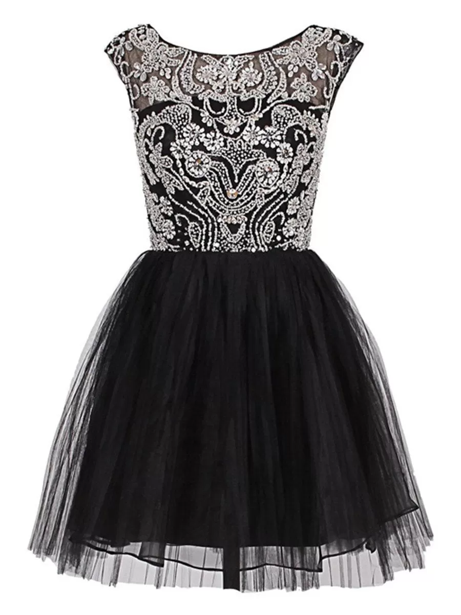 A Line Round Neck Short Black Prom Dress, Short Black Homecoming Dress, Lace Graduation Dress