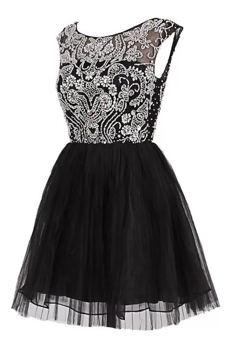 A Line Round Neck Short Black Prom Dress, Short Black Homecoming Dress, Lace Graduation Dress