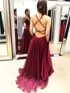 A Line V Neck Backless Burgundy Chiffon Long Prom with Pocket, Backless Burgundy Formal Graduation Evening