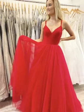 A Line V Neck Red Chiffon Long Prom, Red Long Formal Graduation Evening