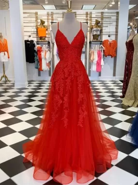 A Line V Neck Red Lace Long Prom, V Neck Red Formal, Red Lace Evening