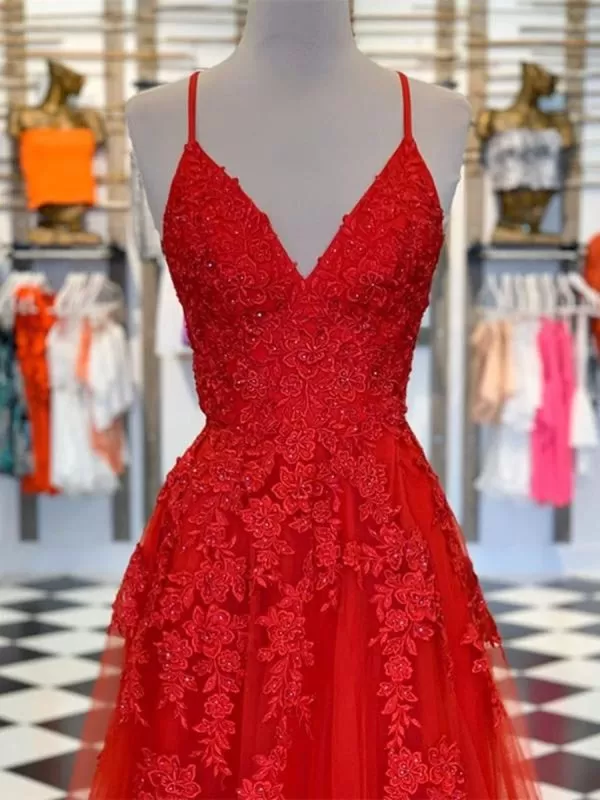 A Line V Neck Red Lace Long Prom, V Neck Red Formal, Red Lace Evening