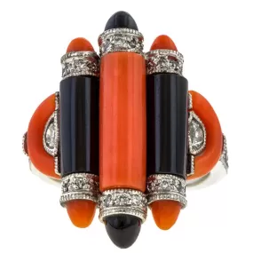 Art Deco Coral, Onyx & Diamond Ring