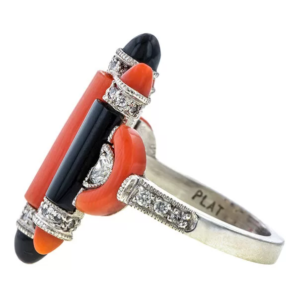 Art Deco Coral, Onyx & Diamond Ring