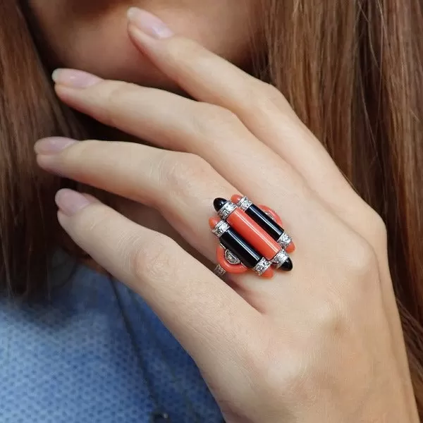 Art Deco Coral, Onyx & Diamond Ring