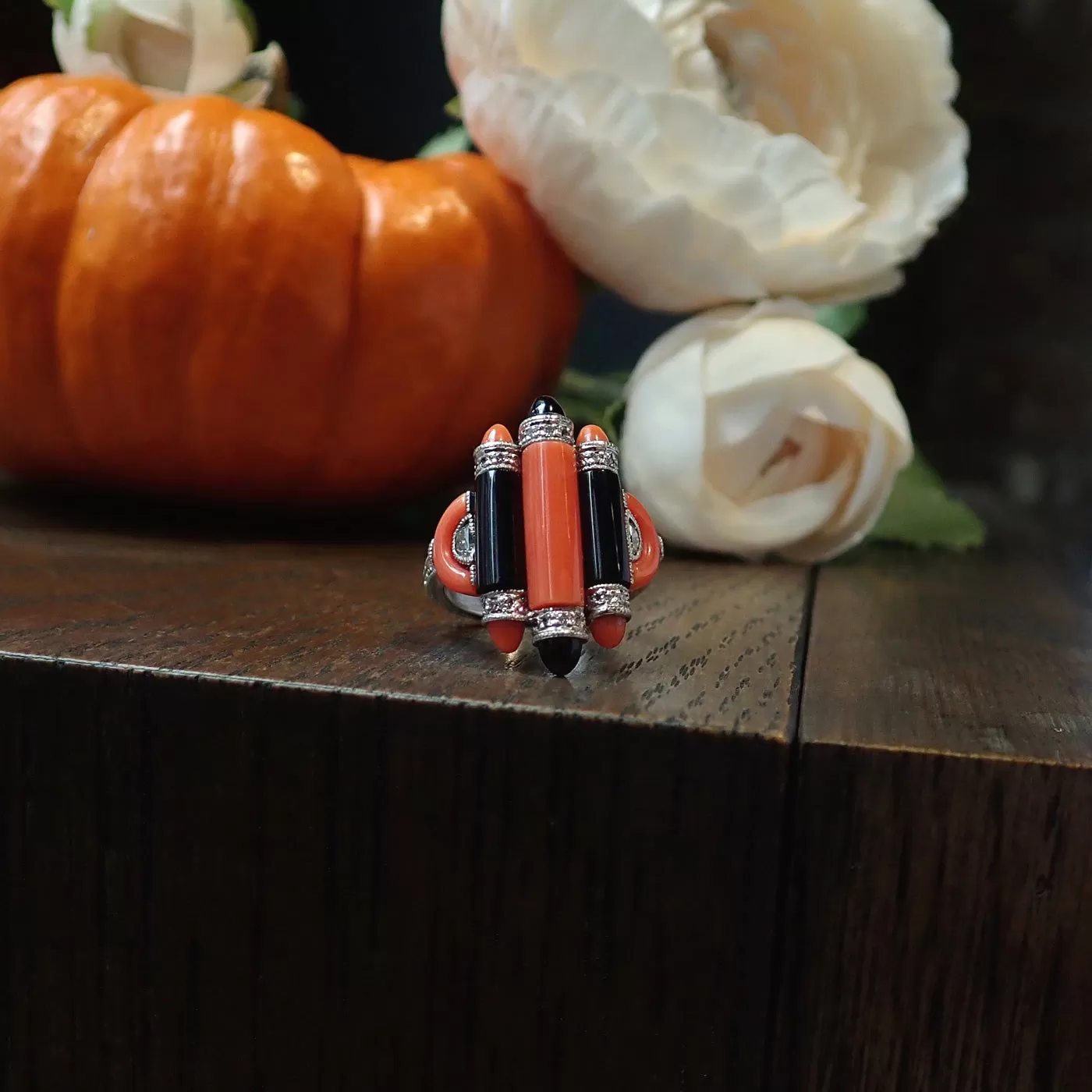 Art Deco Coral, Onyx & Diamond Ring