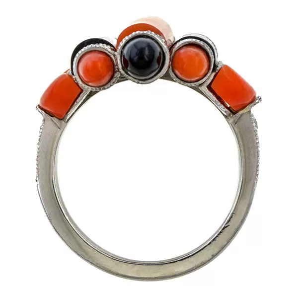 Art Deco Coral, Onyx & Diamond Ring