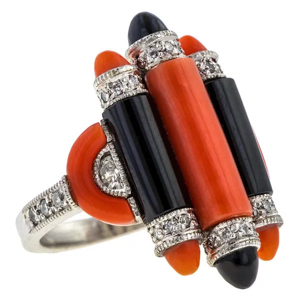 Art Deco Coral, Onyx & Diamond Ring