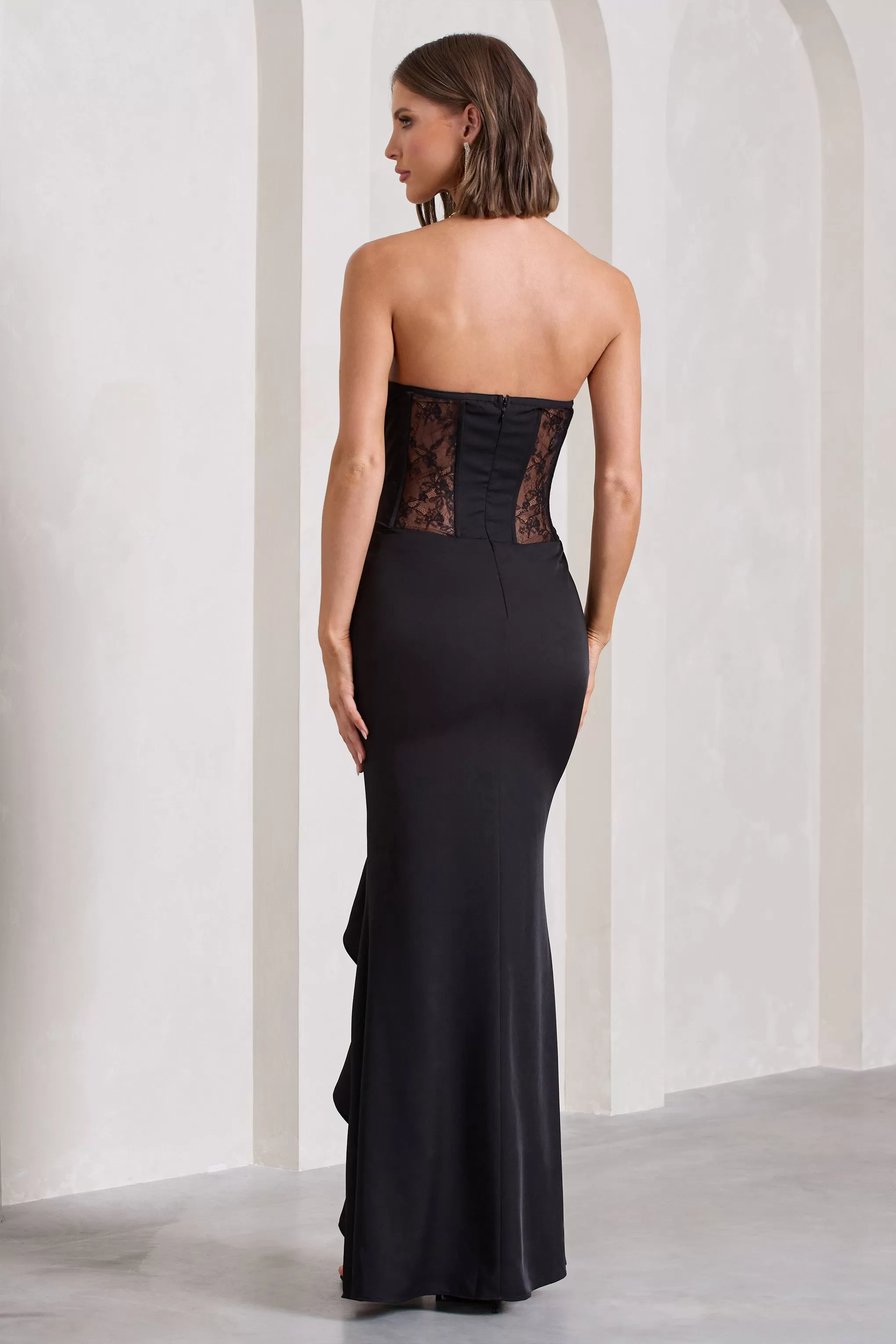 Attention Please | Black Strapless Lace Panelled Corset Split Maxi Dress