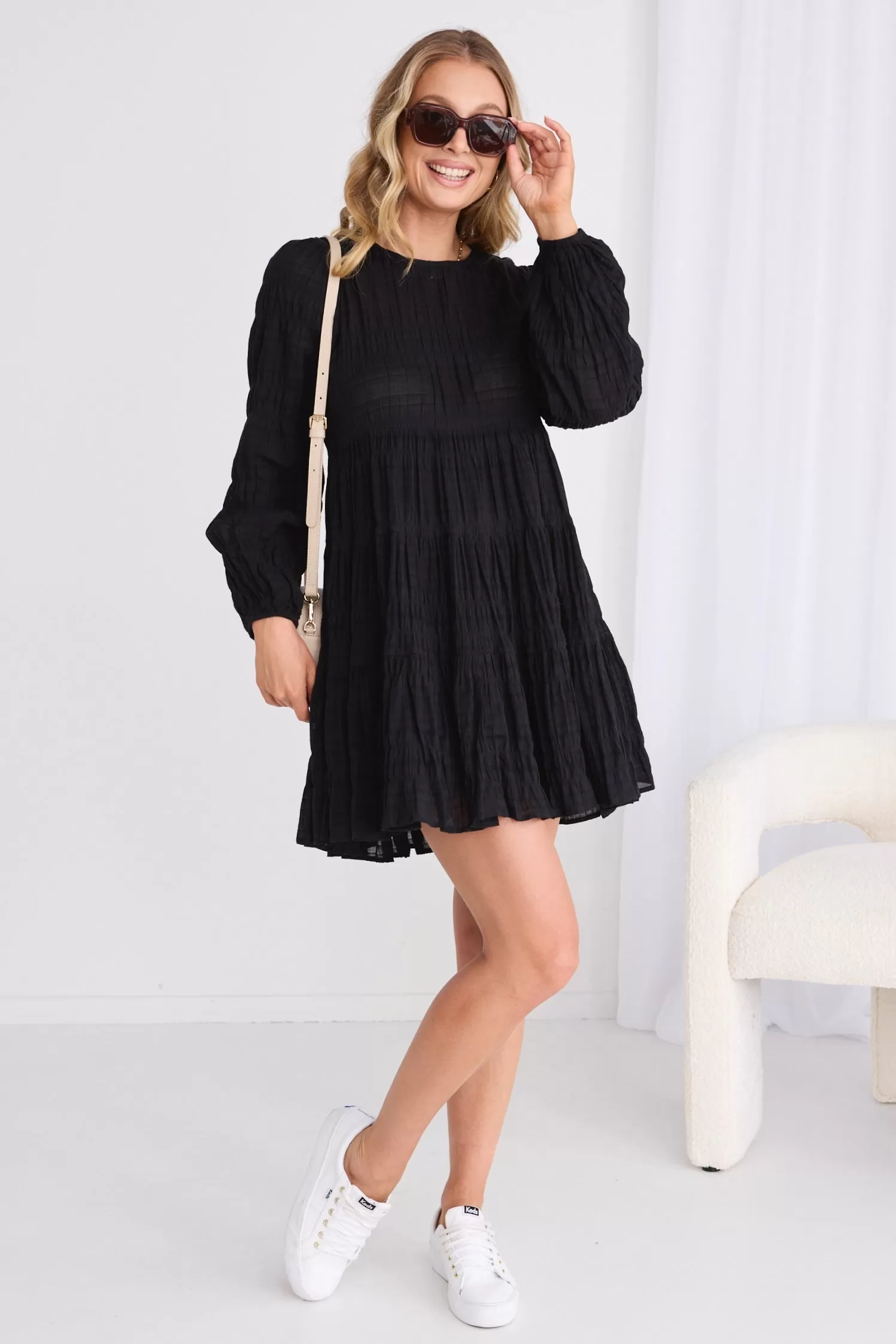 Bella Black Shirred Cotton Ls Tiered Mini Dress