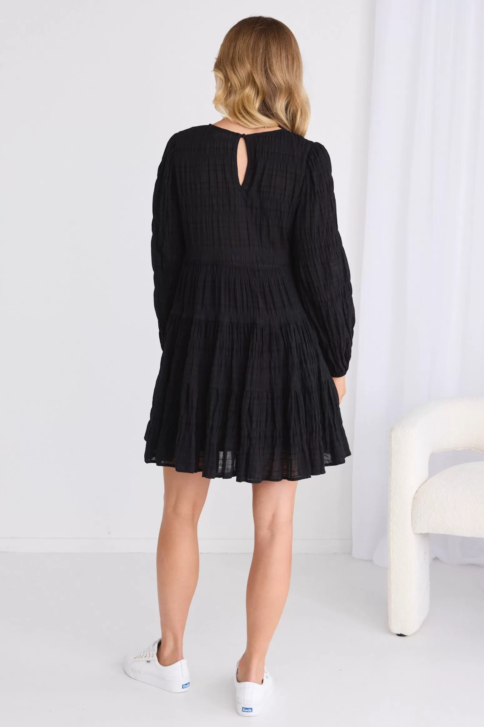 Bella Black Shirred Cotton Ls Tiered Mini Dress