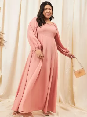 Berrylush Curve Women Solid Peach Square Neck Crepe Thigh-High Slit Flared A-Line Maxi Dress