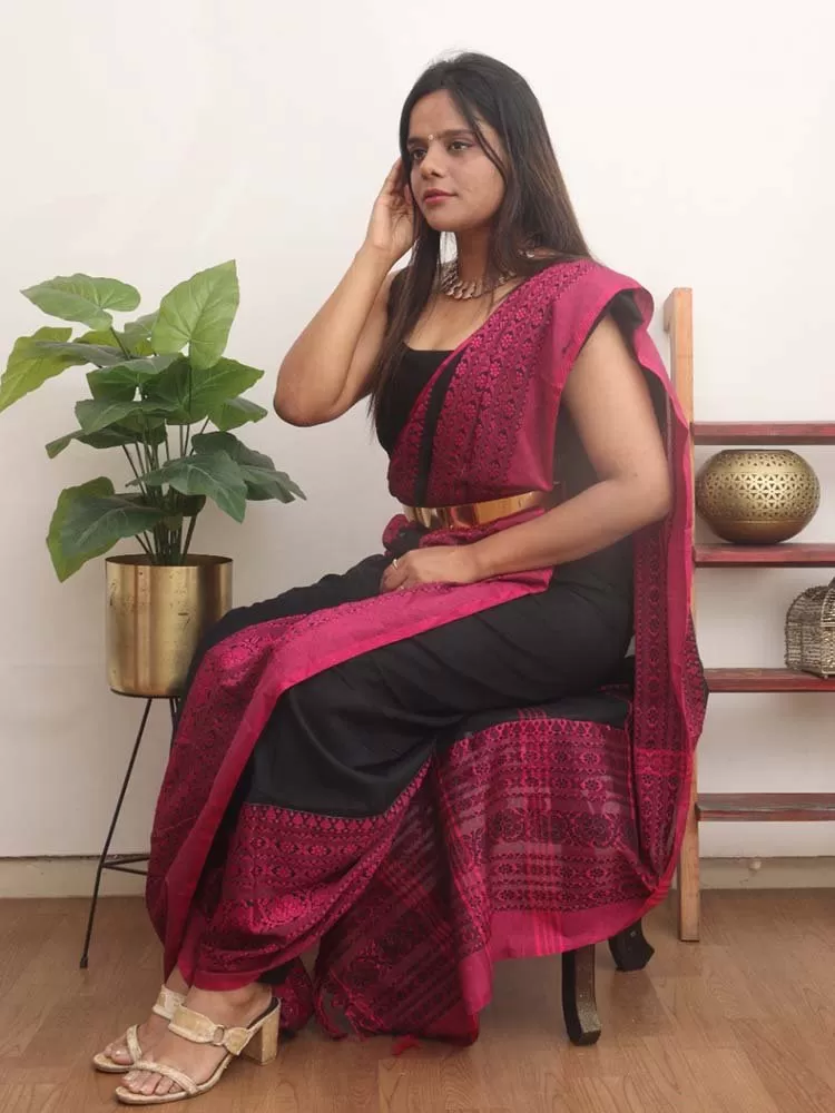 Black Bengal Plain Cotton Saree