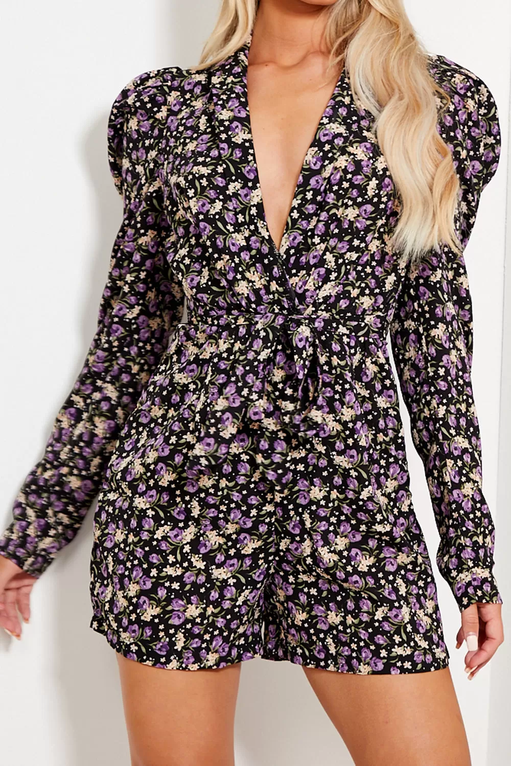 Black Floral Print Tie Waist Puff Sleeve Playsuit