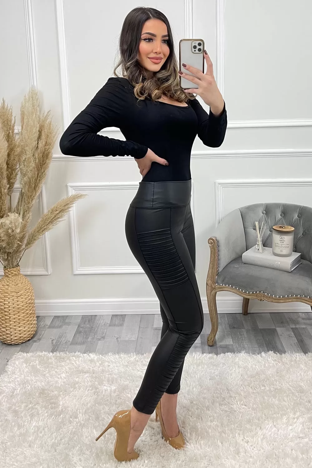 Black PU Faux Leather Ribbed Panel Biker Leggings