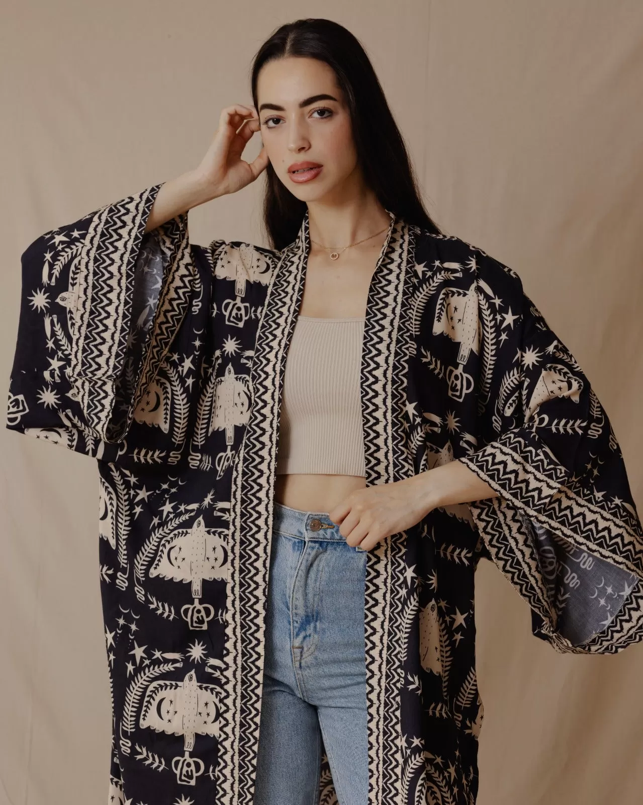 Boho Birds Cotton Kimono Black