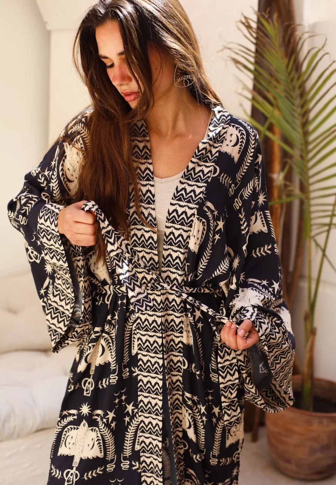 Boho Birds Cotton Kimono Black