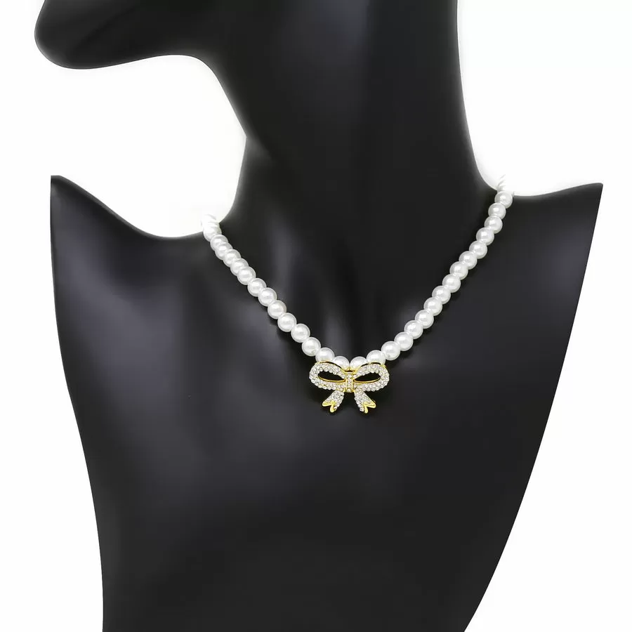 Bow Glass Stone Pave Pendant Pearl Beaded Necklace