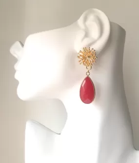 Branch Coral Stud with Carmine Red Jade Earrings