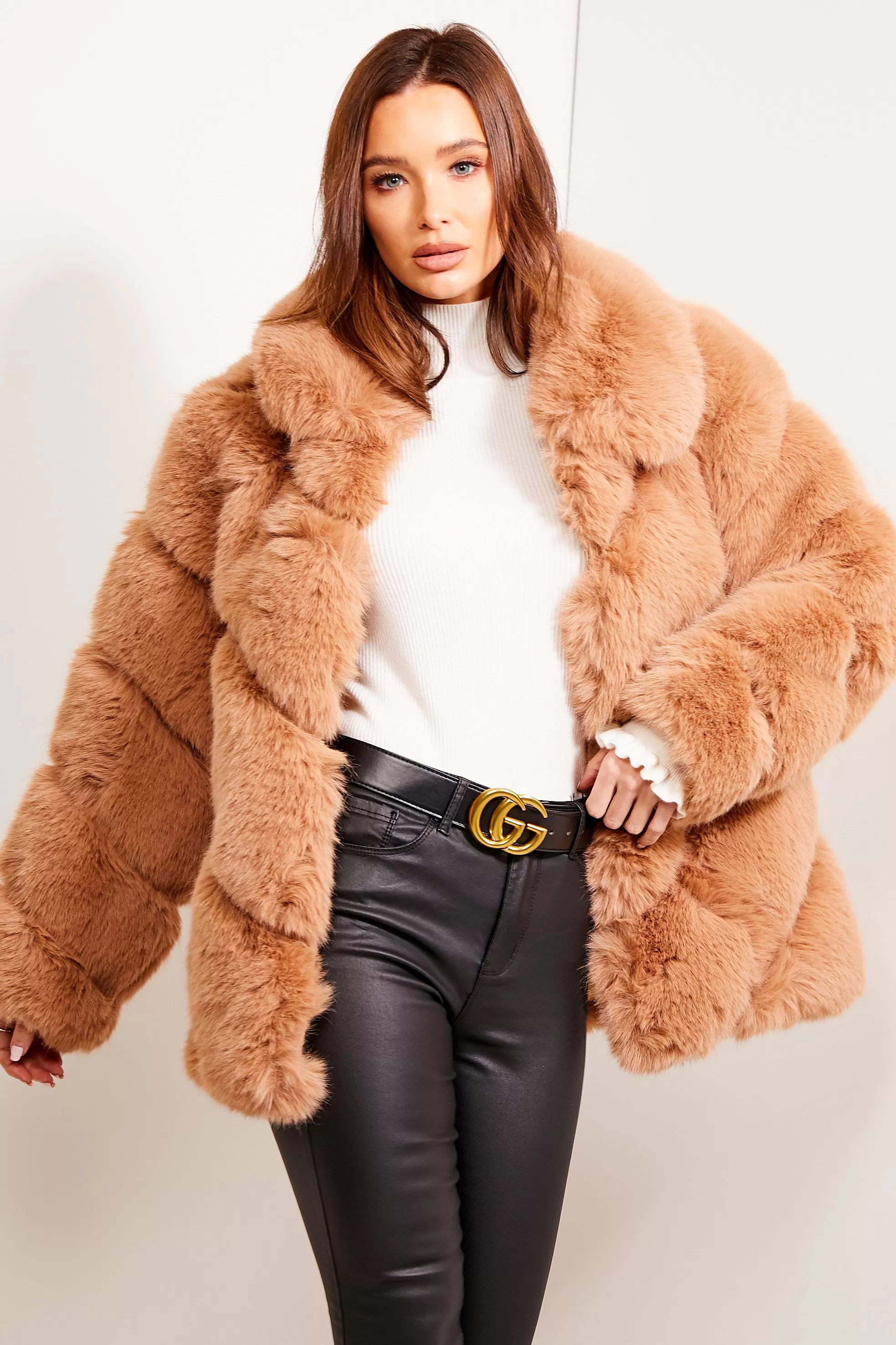 Camel Faux Fur Panelled Collared Coat