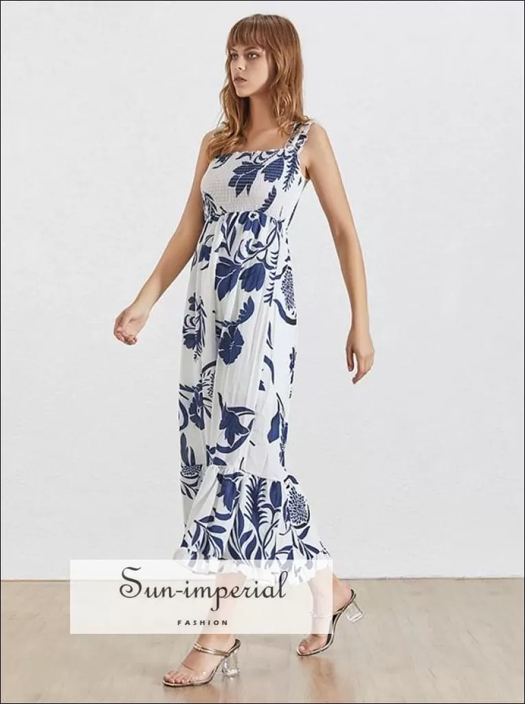 Carter Dress- Summer Korean Print Ankle-length Women Dress Square Collar off Shoulder Slim a Line