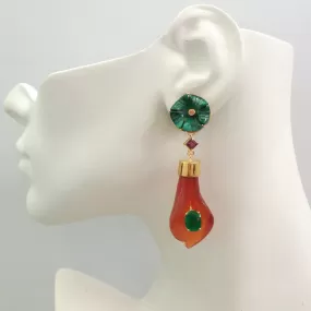 Carved Flower Malachite with Citrine Stud wit Rhodolite Garnet and Green Agate on a Carved Lily Carnelian Twinset Earrings