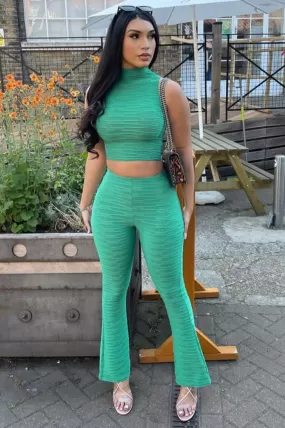 Charlotta Green Textured High Neck Crop Top and Flared Trouser Co-Ord Set