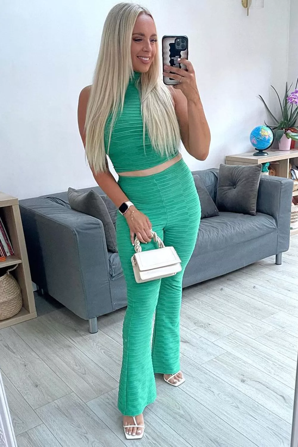 Charlotta Green Textured High Neck Crop Top and Flared Trouser Co-Ord Set