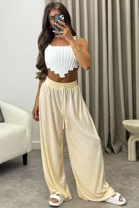 Chrissy Gold Plisse High Waisted Wide Leg Satin Trousers