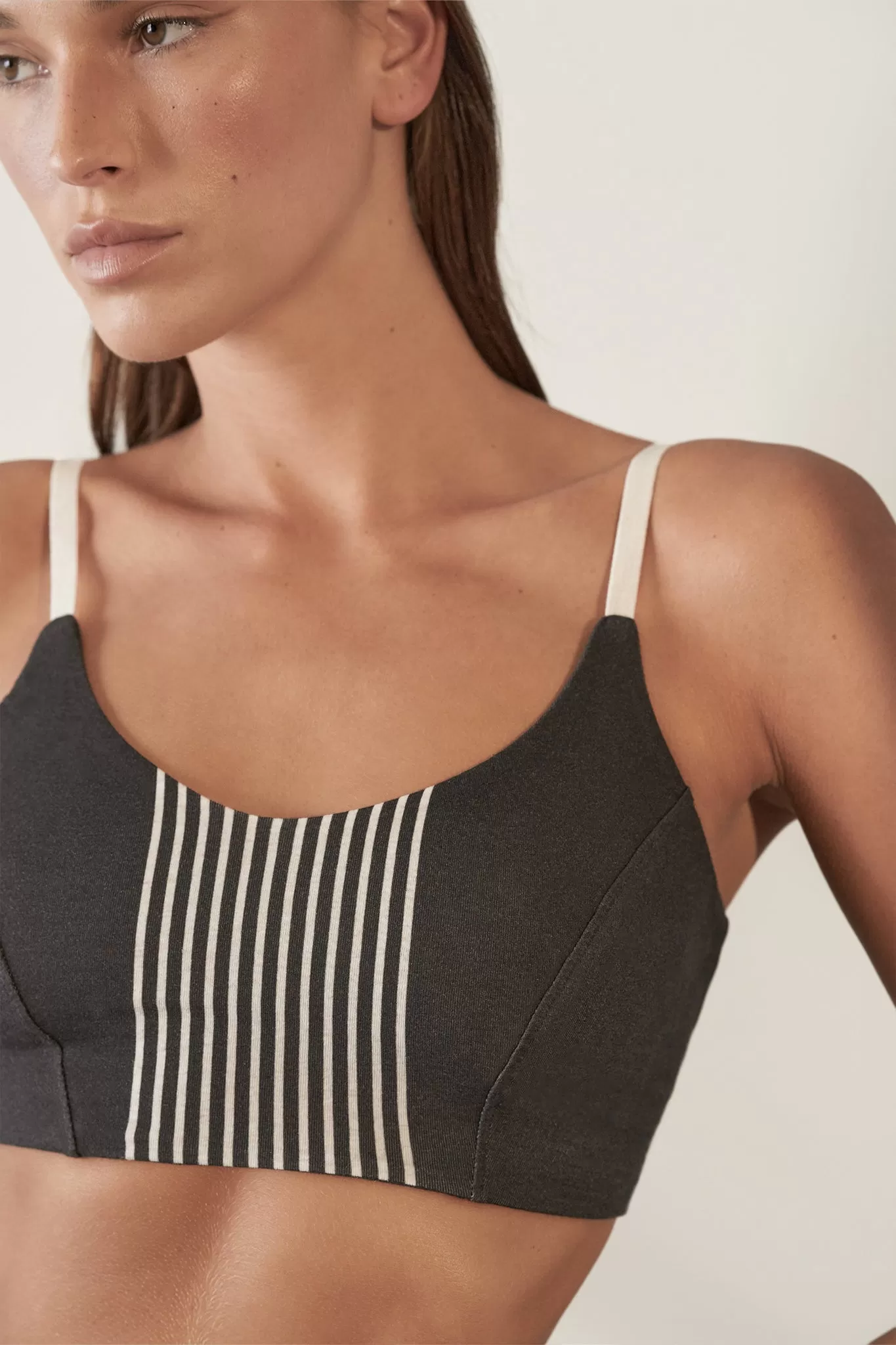 Contoured Crop Top  Organic Cotton Rib / Tar with Bone Stripe