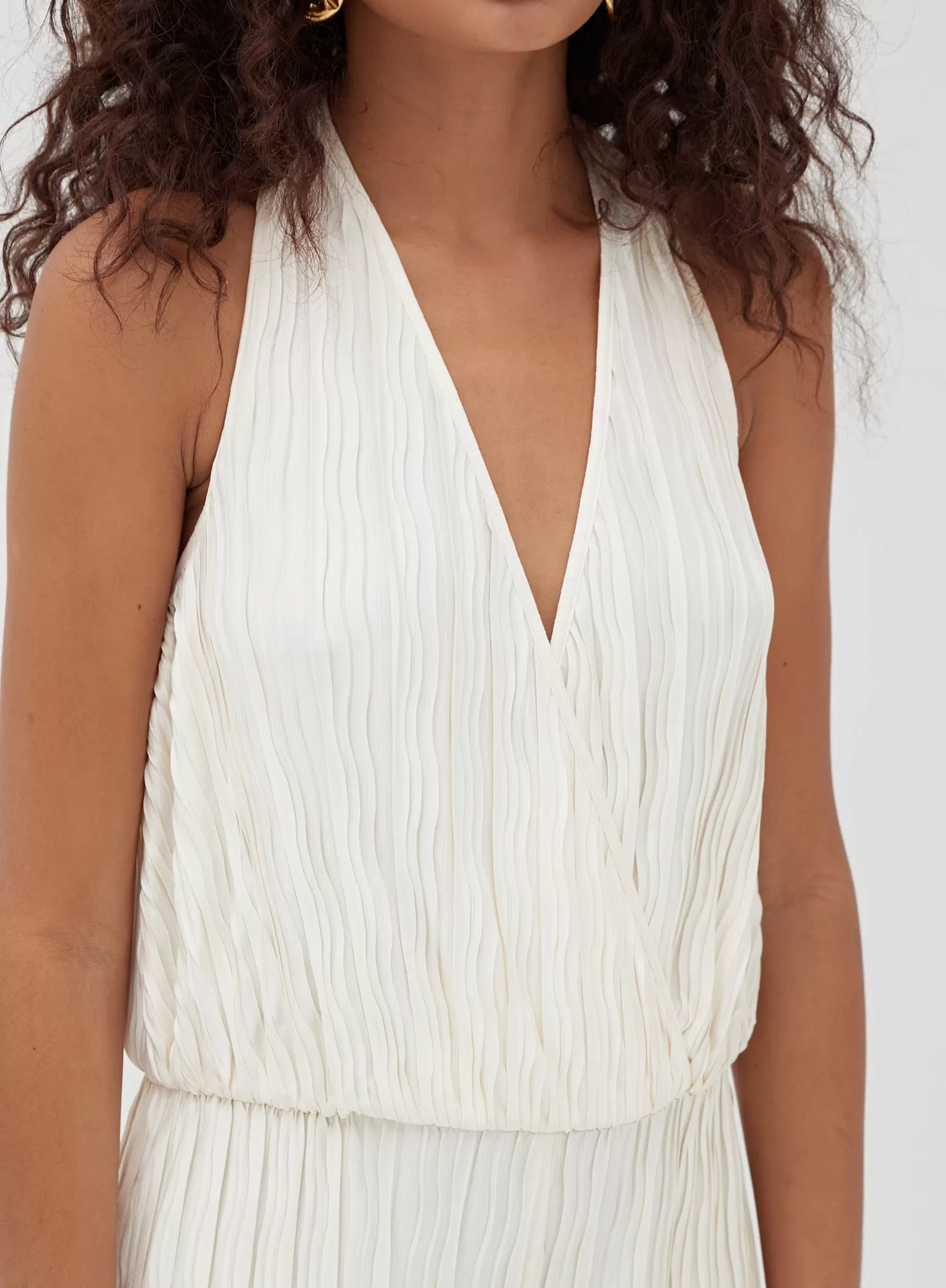 Cream Halterneck Plisse Wide Leg Jumpsuit - Jenna