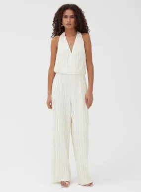 Cream Halterneck Plisse Wide Leg Jumpsuit - Jenna