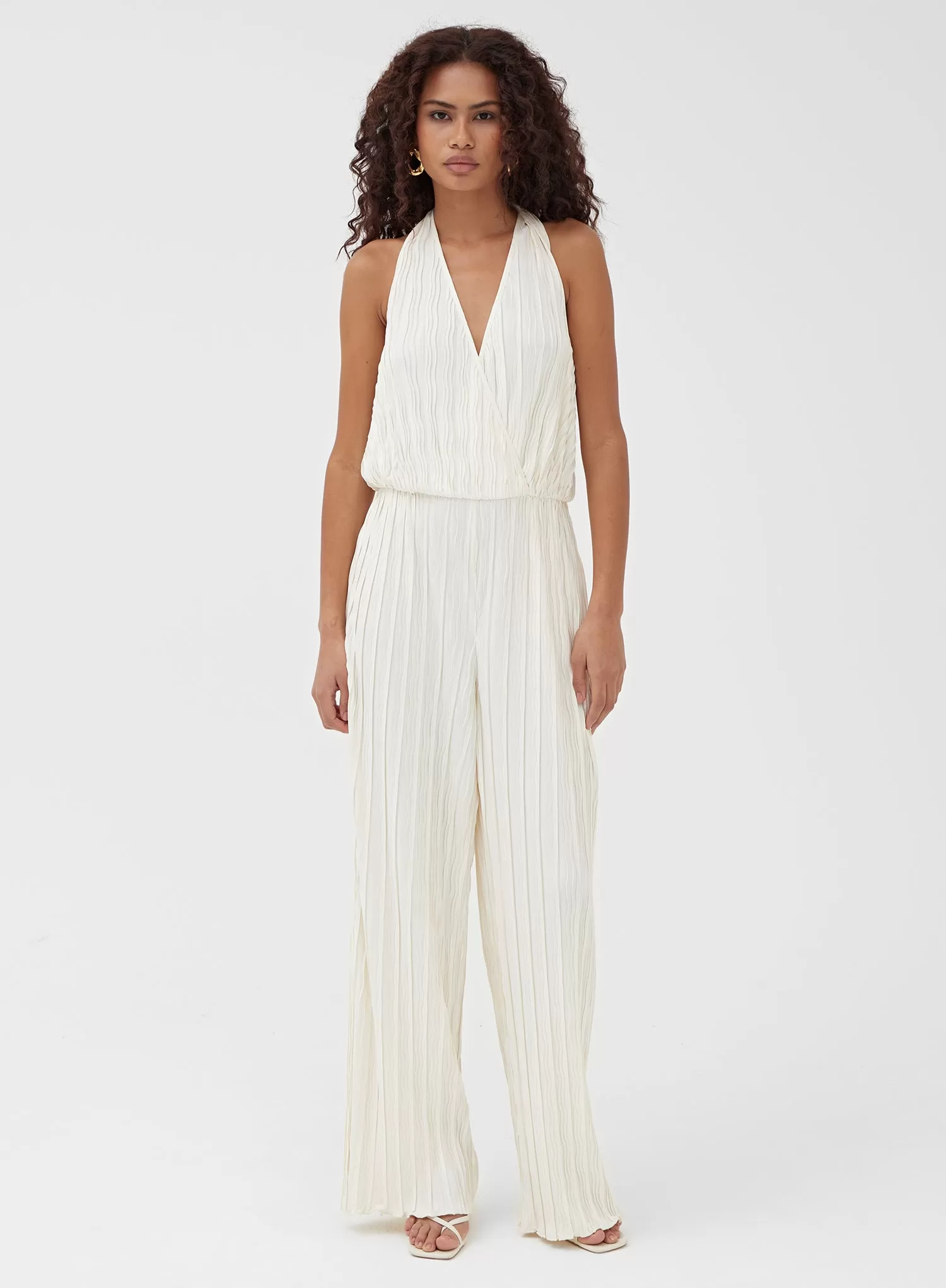 Cream Halterneck Plisse Wide Leg Jumpsuit - Jenna