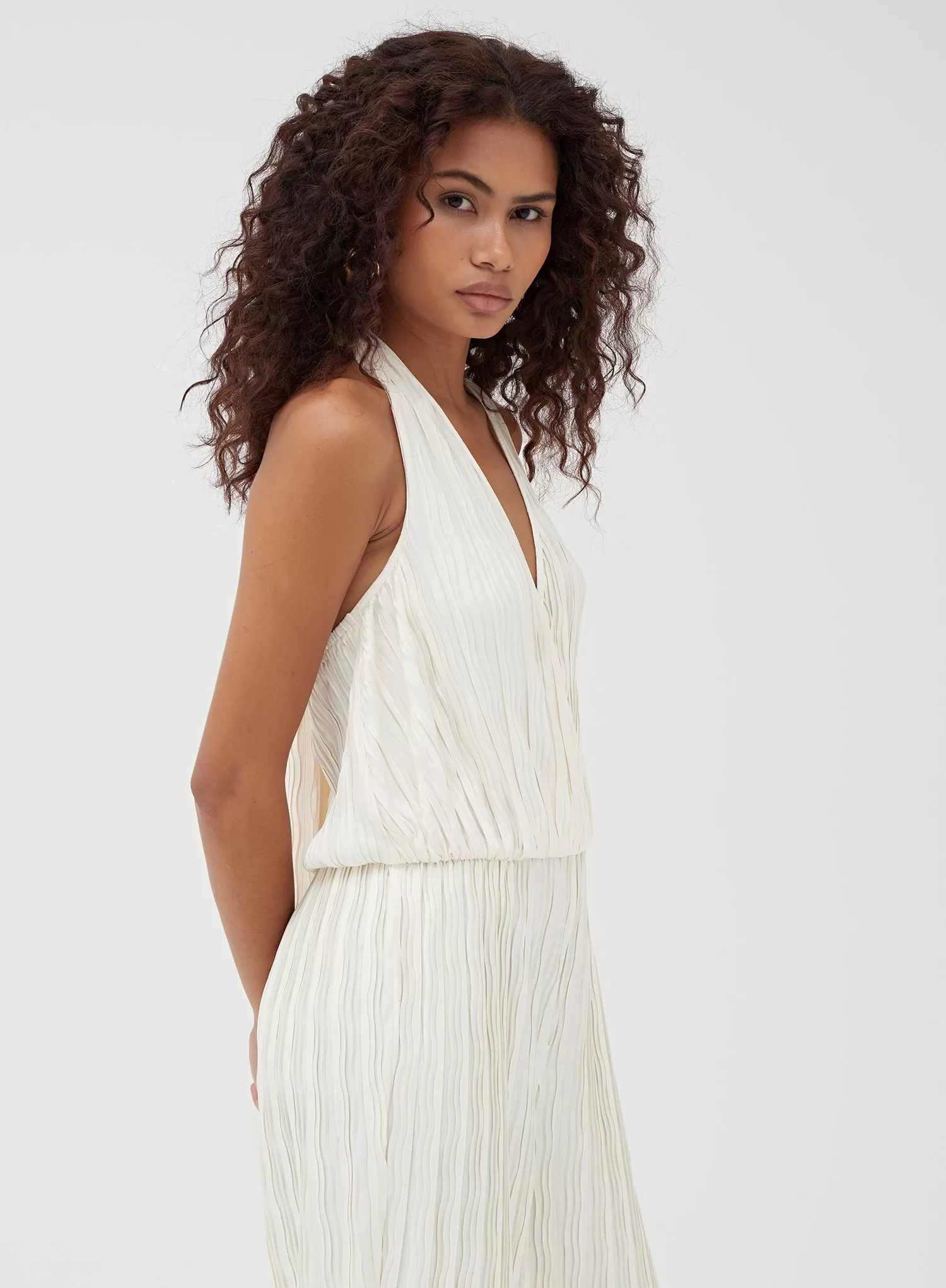 Cream Halterneck Plisse Wide Leg Jumpsuit - Jenna