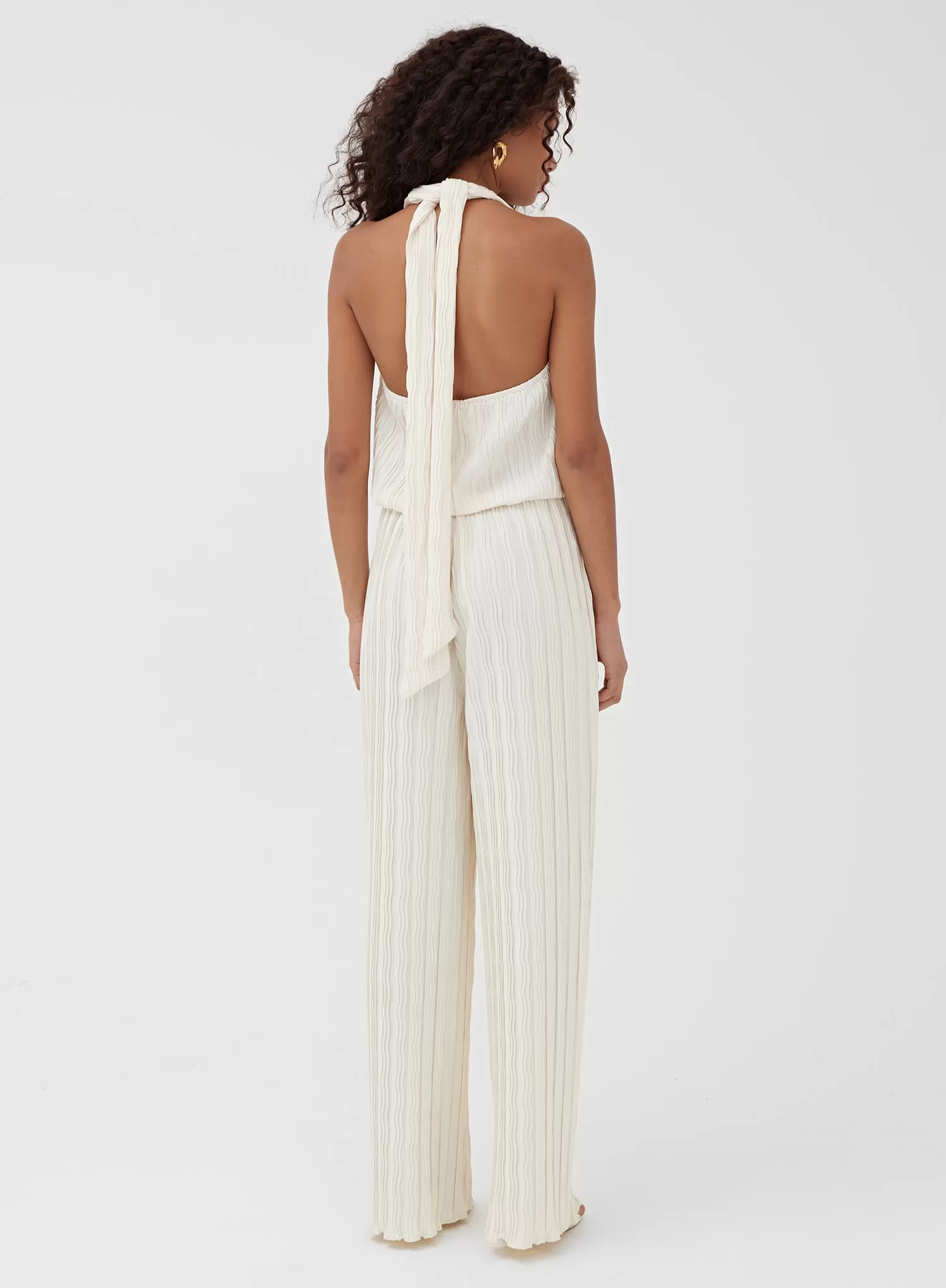 Cream Halterneck Plisse Wide Leg Jumpsuit - Jenna