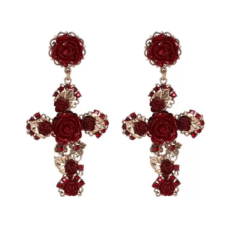 Cruz con Rosas Cross Earrings