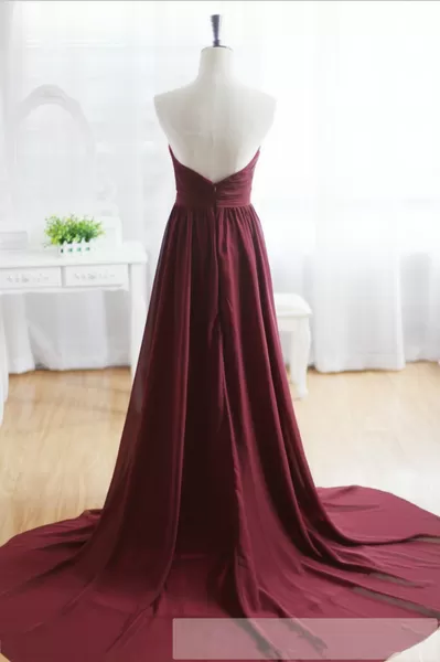 Custom Made A Line Sweetheart Neck Backless Maroon Sweep Train Prom Dresses, Formal Dresses