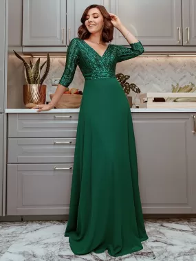 Custom Size Sexy V Neck A-Line Sequin Wholesale Evening Dresses With 3/4 Sleeve